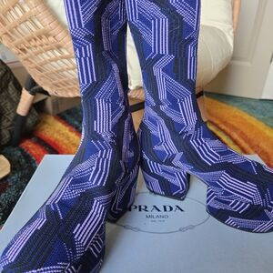 Authentic Prada Argyle Knit Stretch platform booties
